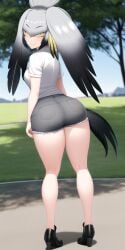 ai_generated ass bird_girl breasts feathers high_heels kemono_friends looking_back n.c.b_ai nai_diffusion outside shoebill_(kemono_friends) shorts smile stable_diffusion thighs yellow_eyes