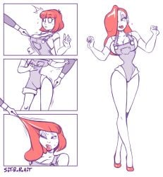 1girls artist_name artist_self-insert big_breasts breasts bursting_breasts busty cleavage comic comic_page comic_strip curvaceous curvy curvy_figure disney drawing_on_body drawing_pen eyelashes eyeshadow female female_only green_eyes hair_over_one_eye heels hips hourglass_figure jessica_rabbit lipstick littlemissv long_hair long_red_hair mascara medium_hair medium_red_hair no_bra overalls overalls_only red_hair sutibaru thighs transformation voluptuous who_framed_roger_rabbit wide_hips