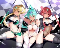 3girls belt bikini black_bikini black_jacket black_one-piece_swimsuit black_swimsuit blonde_hair breasts checkered_flag choker core_crystal cropped_jacket daive earrings female female_only flag gloves green_hair gris_swimsuit holding_flag jacket large_breasts long_hair looking_at_viewer microskirt midriff multiple_girls mythra navel nintendo one-piece_swimsuit one_eye_closed open_jacket pneuma_(xenoblade) ponytail pyra race_queen red_hair revealing_clothes see-through_swimsuit short_hair skirt sling_bikini swimsuit thigh_boots tiara white_jacket white_one-piece_swimsuit winking xenoblade_(series) xenoblade_chronicles_2