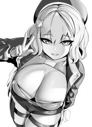 1girls anis_(nikke) crop_top female goddess_of_victory:_nikke huge_breasts jacket large_breasts looking_at_viewer monochrome open_jacket short_hair shorts smile solo soruex