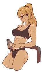 1girls abs babus_games bangs bare_arms black_bra black_underwear blonde_female blonde_hair blue_eyes blush blush_lines blushing blushing_at_viewer bottle bra cleavage cowboy_shot cropped_legs female female_focus female_only fit_female holding holding_bottle holding_object leaning_on_rail light-skinned_female light_skin long_hair looking_at_viewer medium_breasts metroid midriff muscles muscular muscular_female ponytail samus_aran sideboob sidelocks simple_background smile smiling_at_viewer solo solo_female solo_focus sports_bra sportswear toned underwear white_background