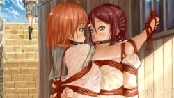 3girls arms_tied_behind_back ball_gag bondage bra breasts brown_eyes clouds forced gag gagged hiru-kun_no_ami kurosawa_dia linked_gag long_hair looking_at_partner love_live! love_live!_sunshine!! medium_breasts multiple_girls orange_hair outside pink_bra red_eyes red_hair rope rope_between_breasts rope_bondage sakurauchi_riko school_uniform shier's_web short_hair sky stairs takami_chika wet_clothes yellow_bra