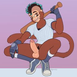 absurd_res anthro balls baseball_bat bat_(object) bodypaint bottomless brown_body brown_eyes brown_fur clothed clothing crouching ear_piercing ear_ring face_paint footwear fur genitals gloves handwear haplorhine hi_res humanoid_genitalia humanoid_penis jersey kito_(kitodiet) looking_at_viewer male mammal monkey open_mouth pazek penis piercing primate ring_piercing shoes simple_background smile sneakers solo