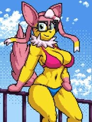 1girls anthro big_boobs big_breasts bikini boobs breasts cleavage cloud eyelashes fan_character furry glasses hand_on_hip hips hourglass_figure hybrid isagoodfriend jolteon looking_at_viewer navel oc pixel_art pokemon pokemon_(species) pose railing reference ribbon side_view sideboob smile solo sylveon thick_thighs thighs tummy volt_(isagoodfriend) wide_hips