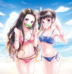 2girls adult_swim beach bikini bit_gag black_hair blue_bikini blue_swimsuit bracelet breasts clouds demon_slayer female female_only food gag gagged hair_ornament holding_ice_cream ice_cream ice_cream_on_breasts kamado_nezuko kimetsu_no_yaiba long_hair looking_at_viewer medium_breasts midriff mugenstudio multiple_girls navel ocean orange_highlights outside pink_bikini pink_eyes pink_swimsuit purple_eyes side-tie_bikini side-tie_swimsuit side_ponytail sky small_breasts swimsuit toonami tsuyuri_kanao water