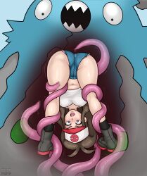 1girls 1pokemon 2022 aaaninja boots brown_hair censored eaten_then_fucked fully_clothed garbodor hat hilda_(pokemon) imminent_rape nintendo pokémon_(species) pokemon pokemon_bw pokephilia rape restrained short_shorts tentacle upside-down vore