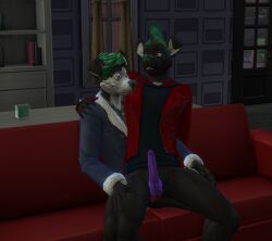 3d_(artwork) anal anthro black_body black_fur canid canine canis clothed clothing dark digital_media_(artwork) domestic_dog duo embrace fur genitals hug inside male male/male mammal penis purple_penis roddyvoorhees sex sims4 window