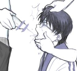 censored crying crying_with_eyes_open cum cum_in_mouth disembodied_hands ejaculation face_grab forced forced_oral gay gintama glasses hair_grab head_grab holding_penis male male_only monochrome open_mouth penis profile shimura_shinpachi solo_focus tears yaoi