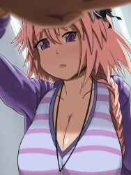 1girls astolfo_(fate) big_breasts blush breasts chestnut_mouth chichishin clavicle cleavage clothed clothed_female fate/grand_order fate_(series) female female_only flustered fourth_wall hoodie huge_breasts large_breasts long_breasts long_cleavage pink_hair pov purple_clothing purple_eyes purple_hoodie reaching_towards_viewer rule_63 shy skin_fang small_but_busty upper_body virado