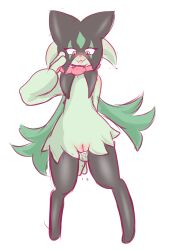 anthro black_mask blush body_blush dripping_pussy fangs felid feline female fur generation_9_pokemon genitals green_body green_fur hi_res humanoid_genitalia jaspixie leaked_pokemon leaking_pussy mammal meowscarada nintendo pokémon_(species) pokemon pokemon_sv pussy pussy_blush solo video_games