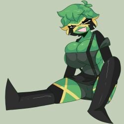 1girls big_breasts clothing countryhumans countryhumans_girl eyebrows_visible_through_hair female female_only green_skin grey_body happy jamaica_(countryhumans) legwear looking_at_viewer markai_cat markings short_hair tomboy