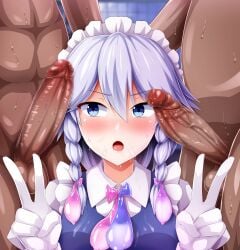 2boys bimbo blue_eyes blue_vest blush braid collared_shirt commentary_request condom cum cum_on_clothes dark-skinned_male dark_skin double_v erection female gloves grey_hair highres imminent_blowjob imminent_fellatio imminent_oral imminent_sex izayoi_sakuya looking_to_the_side maid_headdress monaka_(gatinemiku) multiple_boys open_mouth penis sakuya_izayoi saliva shirt short_hair surprised sweat testicles toilet touhou twin_braids used_condom v v-shaped_eyebrows vest white_gloves white_shirt