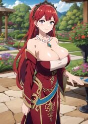 1girls ai_generated big_breasts bursting_breasts busty cleavage dress female grey_eyes hilda_boreas_greyrat large_breasts long_hair mature mature_female mature_woman milf mushoku_tensei necklace red_hair smile voluptuous