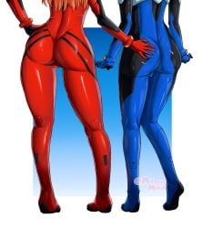 1boy 1boy1girl 1girls 2022 abstract_background ass ass_grab asuka_langley_sohryu big_ass big_butt blue_bodysuit bodysuit both_sexes_in_same_situation bulge dat_ass dominant_female duo facing_away female femboy femdom groping groping_ass head_out_of_frame hi_res highres lower_body male male/female malesub melenamundi neon_genesis_evangelion plugsuit red_bodysuit red_hair self_upload shinji_ikari shiny skin_tight standing submissive_male teenage_boy teenage_girl teenager twink