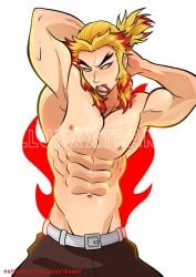 1boy abs armpits arms_up blonde_hair demon_slayer gay illuxxxtrandy kimetsu_no_yaiba long_hair_male male male_only muscular muscular_male pecs rengoku_kyoujurou solo thick_eyebrows tied_hair topless topless_male two_tone_hair tying_hair watermark