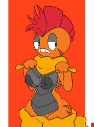 baggy_clothing bjarruafterdark breasts breasts_out emotionless emotionless_sex exposed_breasts grey_skin lizard lizard_girl mohawk mohawk_(hairstyle) oc orange_body orange_scales orange_skin original_character pokémon_(species) pokemon pokemon_bw red_hair scalie scars scrafty shirt_lift tail