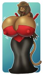 anthro bangs biting_lip blush breasts_bigger_than_head brown_hair ecaflip furry huge_breasts hungy long_gloves long_skirt miranda_(wakfu) red_topwear tail wakfu