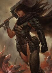 1girls armor berserk big_ass black_hair breasts curvy female female_guts female_only genderswap_(mtf) guts_(berserk) human kamiyamark large_breasts leotard light-skinned_female light_skin long_hair muscular muscular_female panties rule_63 solo sword weapon wide_hips