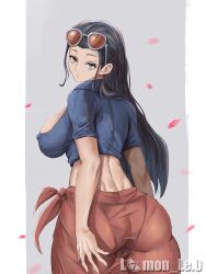 1girls eyewear_on_head female female_only huge_ass huge_breasts lemon_le0 light-skinned_female looking_back nico_robin nipple_bulge one_piece panties post-timeskip sarong see-through see-through_clothing shounen_jump sunglasses sunglasses_on_head transparent_clothing