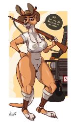 absurd_res anthro areola australian bottomless breasts claws clothed clothing dialogue female footwear fur genitals gun hand_on_hip hat hat_feather headgear headwear hi_res holding_gun holding_object holding_weapon hyenatig_(artist) kangaroo loose_feather macropod mammal marsupial nipples non-mammal_breasts pussy ranged_weapon rifle socks solo tan_body tan_fur translucent translucent_clothing weapon weapon_over_shoulder wide_hips