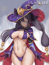 1girls angry barely_clothed big_breasts cameltoe cleavage female female_only genshin_impact gloves hat large_breasts lemon_le0 light-skinned_female long_hair looking_at_viewer mona_(genshin_impact) nipple_bulge pigtails sideboob solo thick_thighs witch_hat