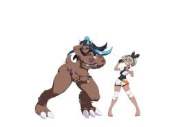 4_breasts ass bea_(pokemon) breast_expansion breasts claws dark-skinned_female female horns huge_breasts mankor mid-transformation monsterification multi_breast navel nessa_(pokemon) nipples pokemon pokemon_ss possession pre-transformation tail tail_growth thick_thighs thigh_expansion thighs transformation transparent_background weight_gain wide_hips