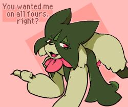 all_fours anthro catjam_(artist) fangs flower fur genitals green_body green_fur hi_res leaked_pokemon looking_at_viewer male meowscarada nintendo penis pink_background plant pokemon pokemon_(species) pokemon_sv simple_background solo tongue video_games