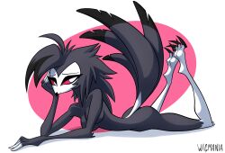 absurd_res anthro ass avian beak bird black_body black_feathers black_hair breasts claws feathers female hair helluva_boss hi_res long_hair nude octavia_(helluva_boss) owl owl_demon red_sclera simple_background solo tail_feathers talons white_eyes wigmania