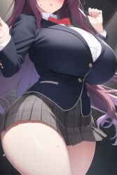 1girls ai_generated breasts eyes_out_of_frame hips huge_breasts indoors light-skinned_female light_skin long_hair murasaki_(senran_kagura) nai_diffusion purple_hair school_uniform schoolgirl senran_kagura short_skirt skirt slim_waist stable_diffusion thick_thighs thighs wide_hips