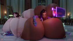 2girls 3d ass_expansion blizzard_entertainment breast_expansion d.va haptick huge_ass huge_breasts immobile massive_ass massive_breasts overwatch sombra