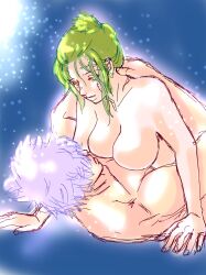 1boy 1girls ambiguous_penetration benrinnes_maiko big_breasts blonde_hair breast_press breast_rest cleavage colored_sketch completely_nude facial_scar female female_on_top gintama gintoki_sakata implied_sex looking_at_another male nude on_back sparkles tied_hair tsukuyo