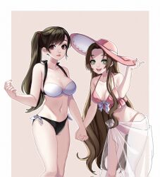 2girls aerith_gainsborough bikini black_bikini_bottom black_hair breasts brown_hair female female_only final_fantasy final_fantasy_vii green_eyes hat holding_hands long_hair looking_at_viewer medium_breasts midriff mochee_bi multiple_girls navel pink_bikini pink_swimsuit ponytail red_eyes sarong side-tie_bikini side-tie_swimsuit sun_hat swimsuit tifa_lockhart white_bikini_top