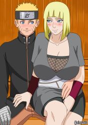 1boy 1girls absurdres age_difference bandaged_arm bandages bangs before_sex black_headband blonde_hair blush bodysuit breasts cleavage embarrassed female fishnet_bodysuit fishnets handjob_over_clothes headband highres huge_breasts large_breasts mutual_masturbation naruto naruto:_the_last naruto_(series) naruto_shippuden ninrubio older_female samui smile touching_penis uzumaki_naruto voluptuous younger_male