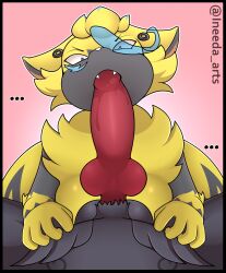 ahoge angry_eyes animal_genitalia animal_penis balls black_body black_fur bodily_fluids canine_penis duo fangs fellatio female female_zeraora first_person_view fur generation_5_pokemon generation_7_pokemon genitals hair hi_res ineedanaccount knot legendary_pokemon looking_at_another looking_at_partner looking_at_viewer looking_down male male/female nintendo oral penile penis pokemon pokemon_(species) saliva saliva_on_penis sex spread_legs spreading video_games yellow_body yellow_fur zeraora zoroark