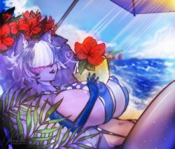 anthro beach bonisteen catgirl huge_breasts hybrid lakie_rika_(mrschllyay) skunk skunk_girl summer umbrella