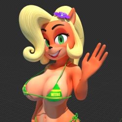 1girls 3d areola_slip big_breasts bikini busty cleavage coco_bandicoot crash_(series) female female_only green_eyes large_breasts looking_at_viewer navel nitro_crate_bikini open_mouth red_lips red_lipstick smile solo sorok17