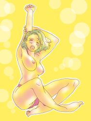 arms_up bare_shoulders benrinnes_maiko blonde_hair closed_eyes crossed_legs facial_scar female female_only full_body gintama hair_down medium_breasts medium_hair open_mouth panties pink_panties restricted_palette sitting solo stretching topless topless_female tsukuyo yawn yellow_theme