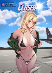 1girls big_breasts bikini black_bikini blonde_hair blue_eyes busty closer_(artist) female female_only jacket large_breasts legs light-skinned_female light_skin looking_at_viewer military navel original solo thighs thong_bikini voluptuous