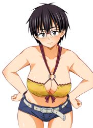 1girls artist_request ayuko_oka big_breasts black_hair breasts brown_eyes busty cleavage covered_erect_nipples denim erect_nipples_under_clothes female female_only glasses grey_eyes hands_on_hips highres large_breasts leaning_forward legs midriff nazo_no_kanojo_x pose posing short_hair shorts smile solo thighs voluptuous