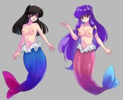 blue_eyes blue_hair brown_hair female fish_tail large_breasts long_hair mermaid mermaid_tail mermaid_transformation purple_hair ranma_1/2 shampoo_(ranma_1/2) ukyo_kuonji underwater