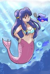 1girls blue_eyes blue_hair bra female female_focus fish_tail jiro_hhb large_breasts long_hair mermaid mermaid_tail mermaid_transformation pink_tail png purple_hair ranma_1/2 seashell_bra shampoo_(ranma_1/2) underwater water