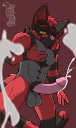 anthro bodily_fluids cum ejaculation felid fur generation_7_pokemon genital_fluids genitals grey_body grey_fur hokshi incineroar looking_up male male_only mammal nintendo pantherine penis pokemon pokemon_(species) red_body red_fur solo tiger video_games yellow_eyes