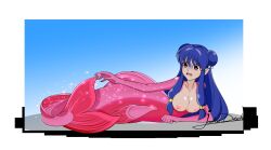 1girls blue_eyes blue_hair exposed_breasts female female_only fish_tail jackie-drache jpeg large_breasts long_hair mermaid mermaid_tail mermaid_transformation pink_tail purple_hair ranma_1/2 shampoo_(ranma_1/2) signature solo underwater