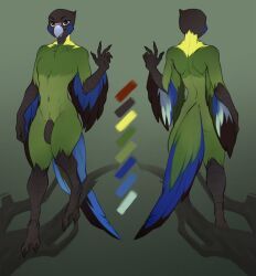 anthro avian beak bird bird_feet black_penis cere_(anatomy) claws feathers genitals green_body green_feathers hi_res humanoid_genitalia humanoid_penis looking_at_viewer male model_sheet nude parrot penis solo tail_feathers winged_arms wings yonsia