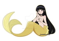 1girls black_hair blue_eyes female female_only fish_tail jackie-drache jpeg long_hair mana_(mermaid_saga) mermaid mermaid_forest mermaid_saga mermaid_tail mermaid_transformation monster_girl signature solo takahashi_rumiko watermark white_background yellow_tail