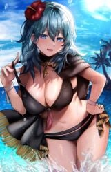 1girls alternate_costume asada_sadao bikini bikini_tug black_bikini black_swimsuit blue_eyes breasts byleth_(fire_emblem) byleth_(fire_emblem)_(female) byleth_(summer)_(fire_emblem)_(female) female female female_only fire_emblem fire_emblem:_three_houses fire_emblem_heroes flower green_hair hair_flower hair_ornament hand_on_hip highres large_breasts navel nintendo ocean official_alternate_costume palm_tree swimsuit teal_hair teasing tree wading wristband