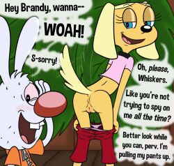 age_difference anthro anus ass bedroom_eyes bottomwear bottomwear_down brandy_and_mr._whiskers brandy_harrington canid canine canis clothed clothing dialogue disney domestic_dog duo dxt91 female fur genitals lagomorph leporid looking_at_another looking_away male male/female mammal mr._whiskers narrowed_eyes pants pants_around_legs pants_down partially_clothed presenting presenting_hindquarters pussy rabbit seductive temptation white_body white_fur younger_anthro