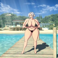 1girls beach bikini breasts deck female gilf grandmother granny huge_breasts island jennifer_(mk001black) mk001black nipples older_female red_eyes swimsuit thick_female white_hair