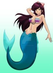 1girls blue_tail brown_hair female female_only fish_girl fish_tail jpeg large_breasts long_hair mermaid mermaid_girl mermaid_tail mermaid_transformation ranma_1/2 smile solo ukyo_kuonji underwater wadevezecha watermark