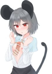 1boy :o animal_ears bangs blue_capelet blush breasts breasts_out capelet censored commentary_request cowboy_shot dakuazu female grey_hair grey_skirt highres long_sleeves mouse_ears mouse_girl mouse_tail naizuri nazrin nipples open_clothes open_mouth open_shirt paizuri penis red_eyes shirt short_hair simple_background skirt small_breasts solo_focus straight tail touhou white_background white_shirt